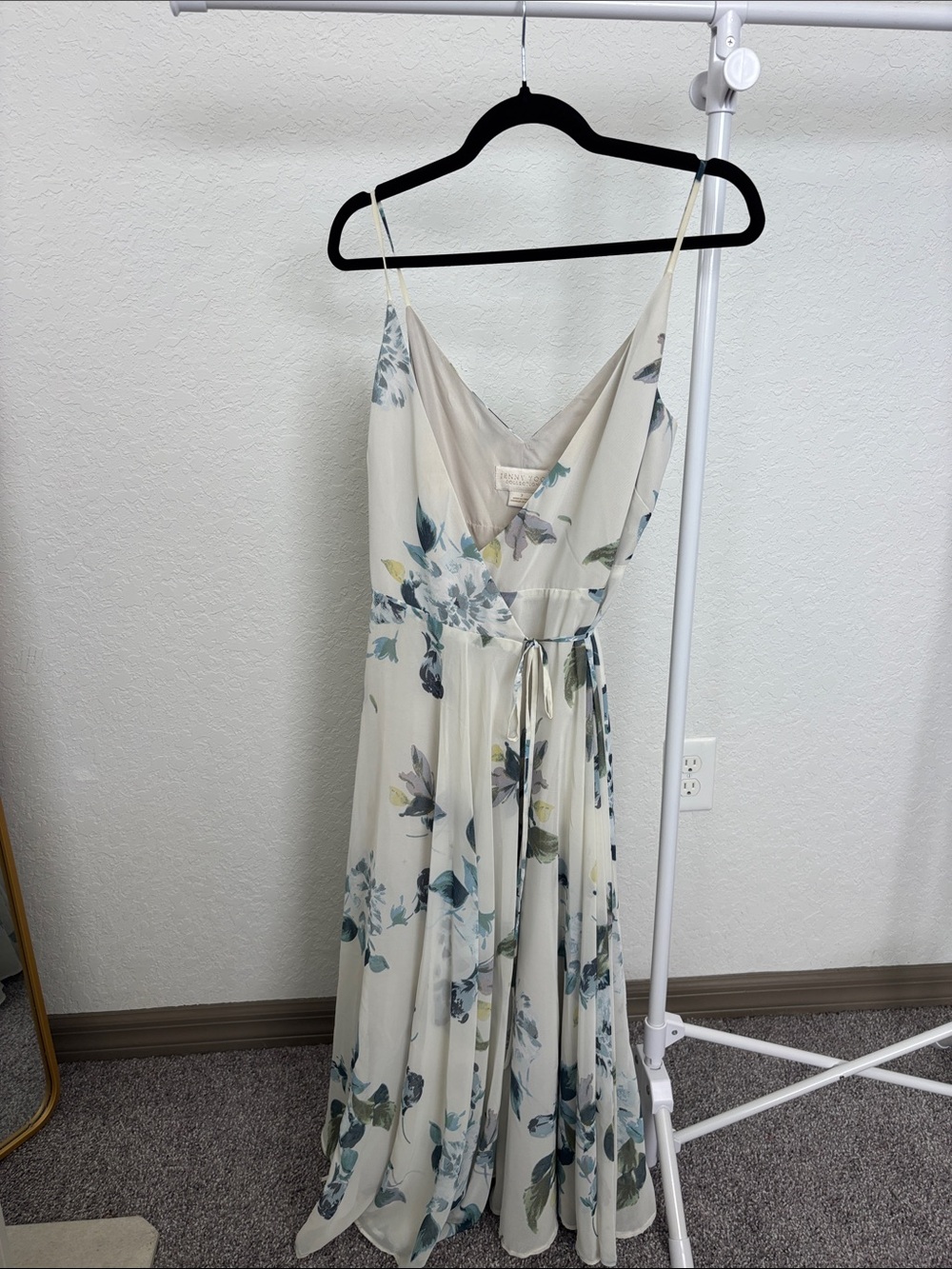 Jenny Yoo Ivory Midi wrap Dress with Blue-Green Floral Print